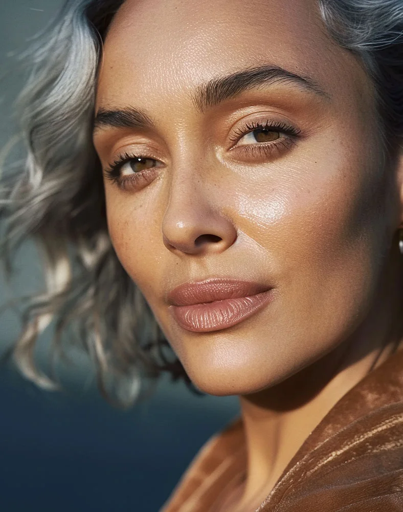 Close-up of a woman with light grayish-silver curly hair and smooth, light brown skin. She has well-defined eyebrows, light brown eyes, and wears natural, neutral-toned makeup with rosy-brown lips. She is wearing gold hoop earrings and a light brown textured garment. The background is a blurred dark bluish-gray, with soft natural lighting suggesting an outdoor or well-lit setting. - Lip Reconstruction in Seattle, WA